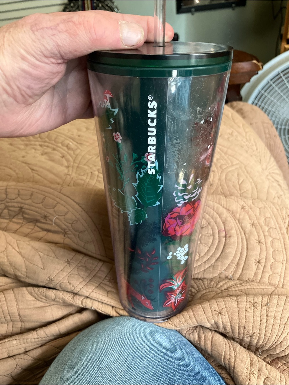 Starbucks Dark Green Floral Clear Double-Wall Tumbler with Straw